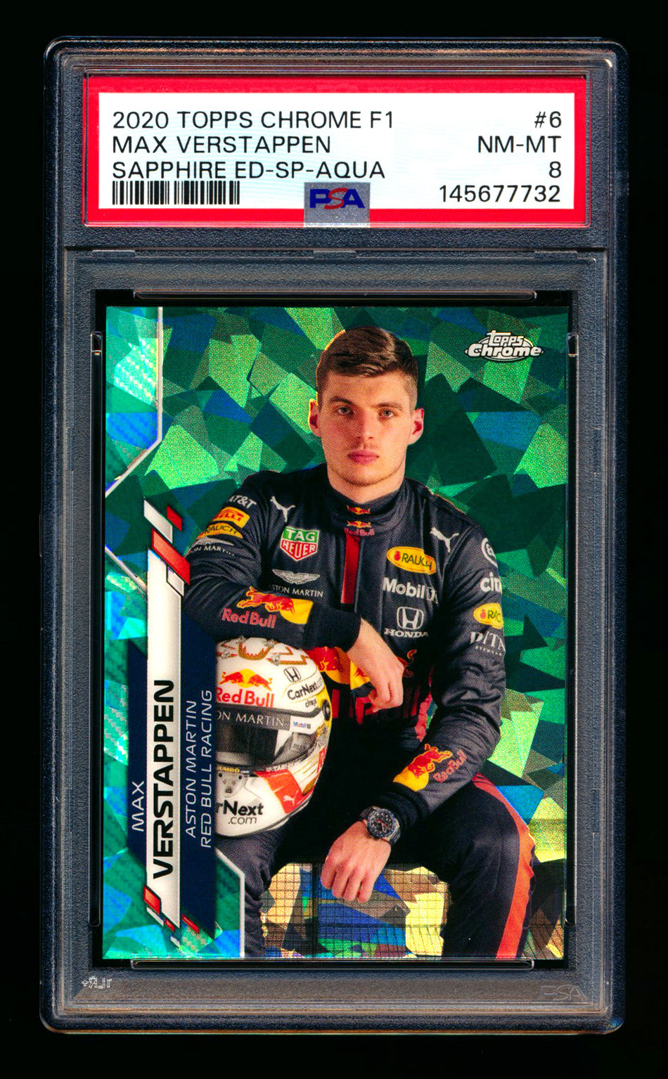 2020 Topps Chrome Sapphire F1 #6 Max Verstappen RC Aqua Refractor Image Variation SP #90/99 PSA 8