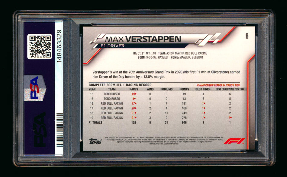 2020 Topps Chrome Sapphire F1 #6 Max Verstappen RC Refractor Portrait PSA 10
