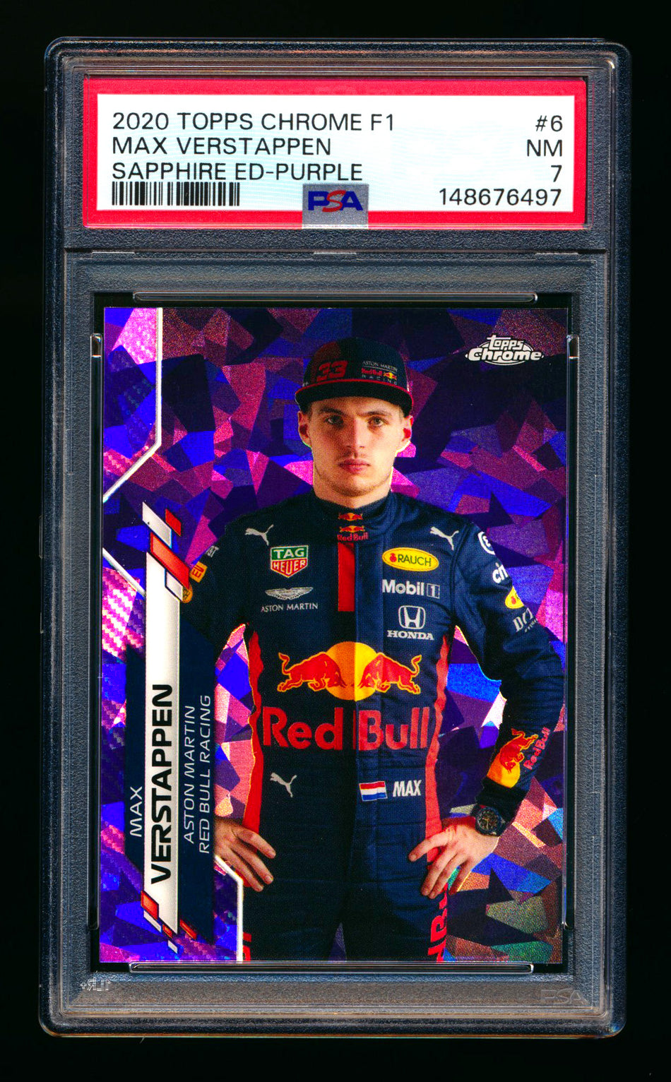 2020 Topps Chrome Sapphire F1 #6 Max Verstappen RC Purple Refractor Portrait #02/10 PSA 7