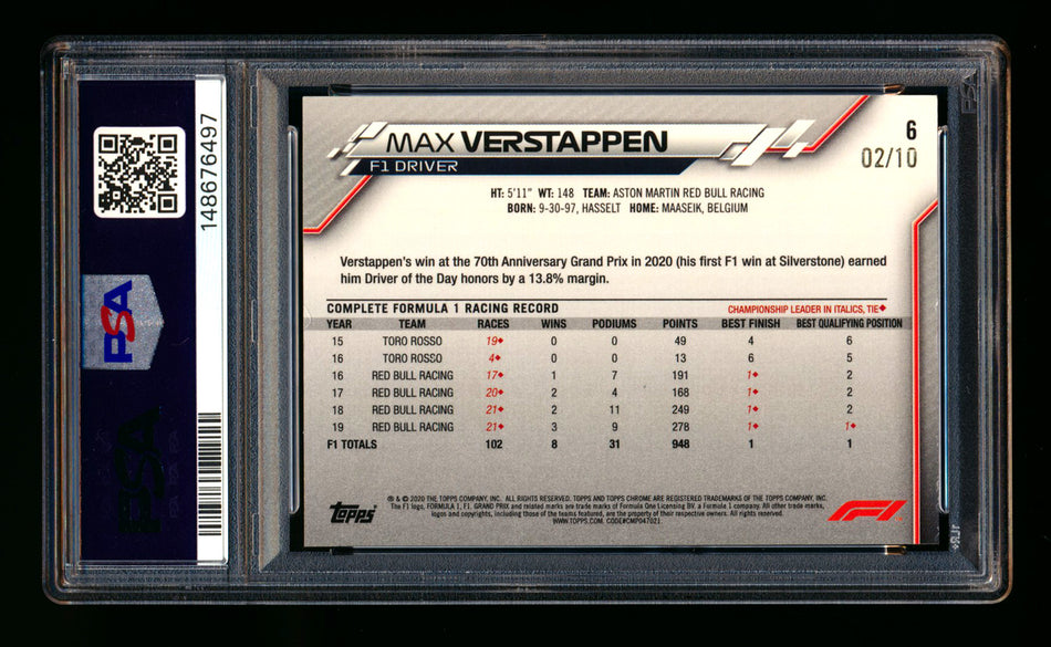 2020 Topps Chrome Sapphire F1 #6 Max Verstappen RC Purple Refractor Portrait #02/10 PSA 7