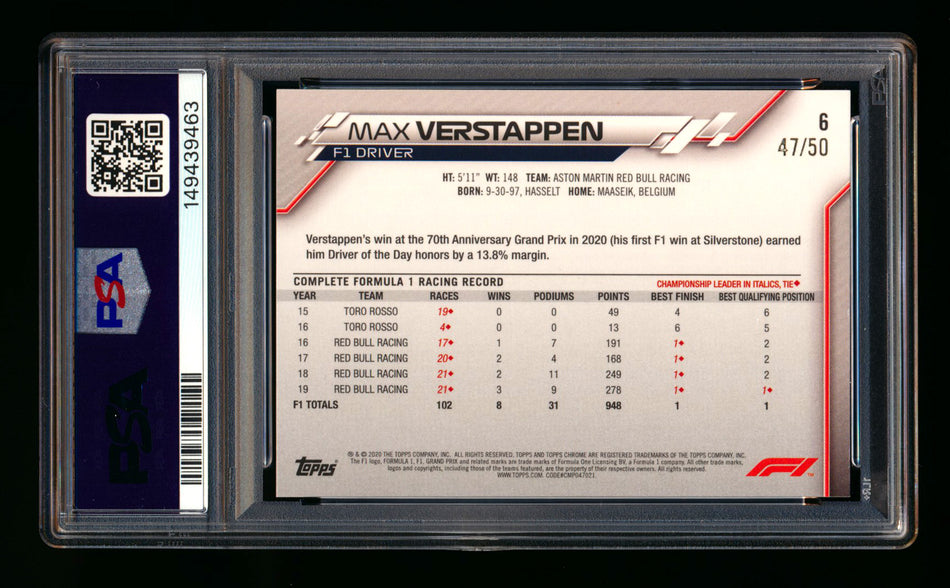 2020 Topps Chrome Sapphire F1 #6 Max Verstappen RC Gold Refractor Portrait #47/50 PSA 8