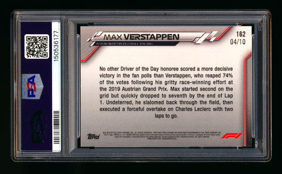 2020 Topps Chrome Sapphire F1 #162 Max Verstappen RC Purple Refractor #04/10 PSA 8