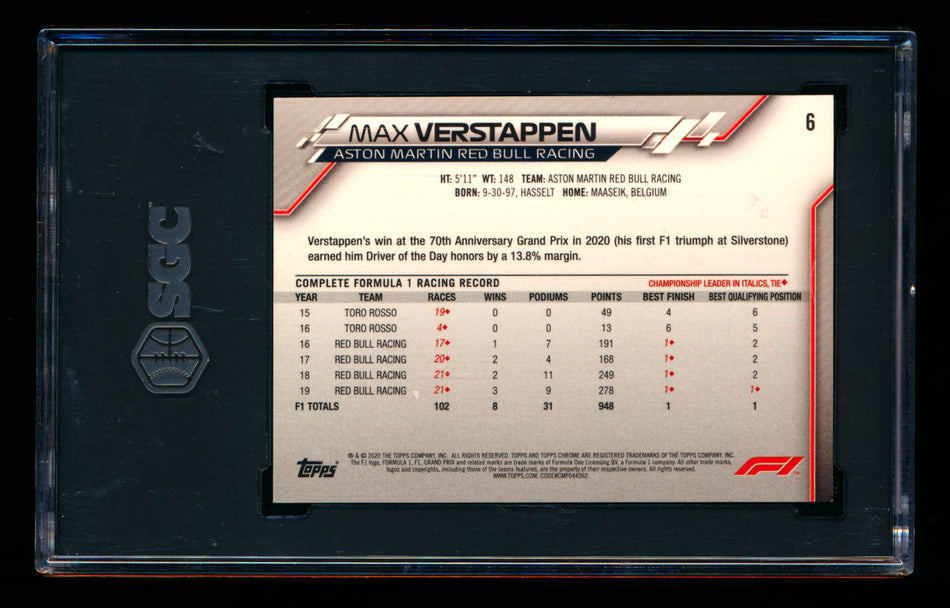 2020 Topps Chrome F1 #6 Max Verstappen RC Refractor Image Variation SP SGC 9.5