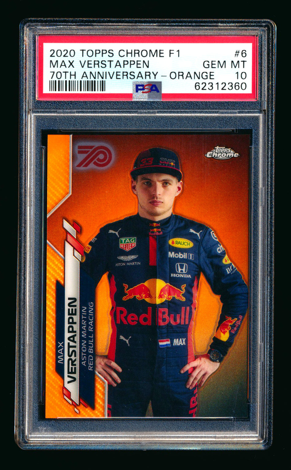 2020 Topps Chrome F1 #6 Max Verstappen RC 70th Anniversary Orange Refractor Portrait PSA 10
