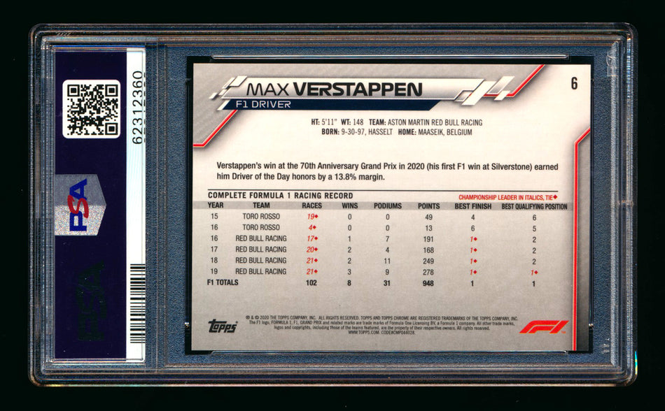 2020 Topps Chrome F1 #6 Max Verstappen RC 70th Anniversary Orange Refractor Portrait PSA 10