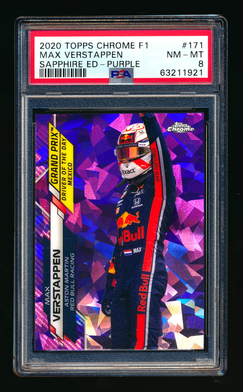 2020 Topps Chrome Sapphire F1 #171 Max Verstappen RC Purple Refractor #02/10 PSA 8