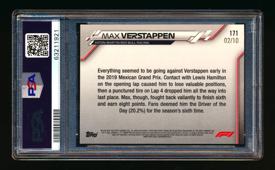 2020 Topps Chrome Sapphire F1 #171 Max Verstappen RC Purple Refractor #02/10 PSA 8