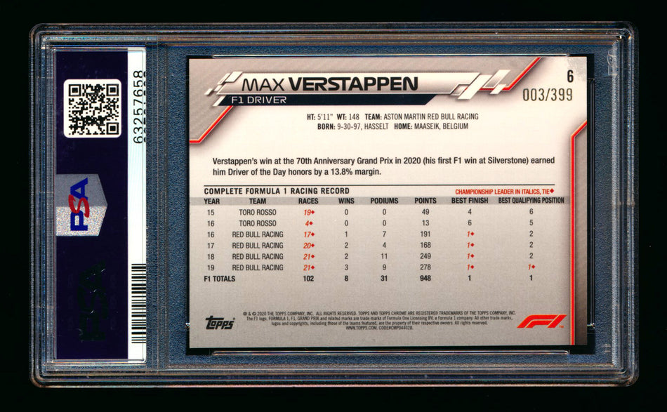 2020 Topps Chrome F1 #6 Max Verstappen RC Purple Refractor Portrait #003/399 PSA 9