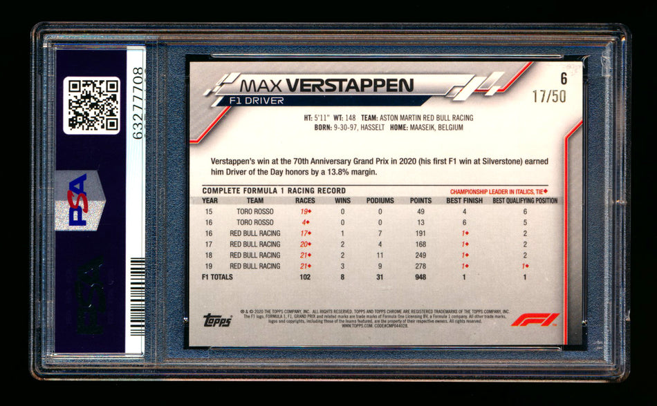 2020 Topps Chrome F1 #6 Max Verstappen RC Gold Wave Refractor Portrait #17/50 PSA 7