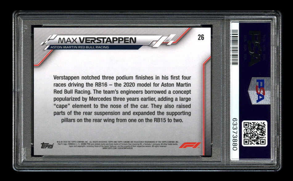 2020 Topps Chrome F1 #26 Max Verstappen RC 70th Anniversary Superfractor PSA 9