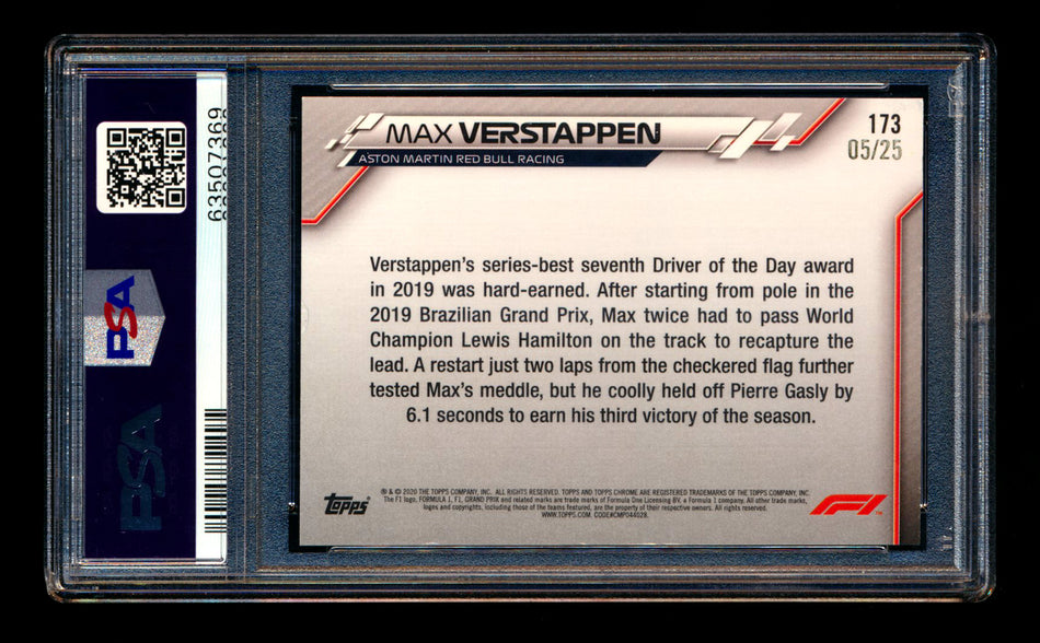 2020 Topps Chrome F1 #173 Max Verstappen RC Orange Wave Refractor #05/25 PSA 9 ** (SOLD - $379.00 - 12/6/2024) **