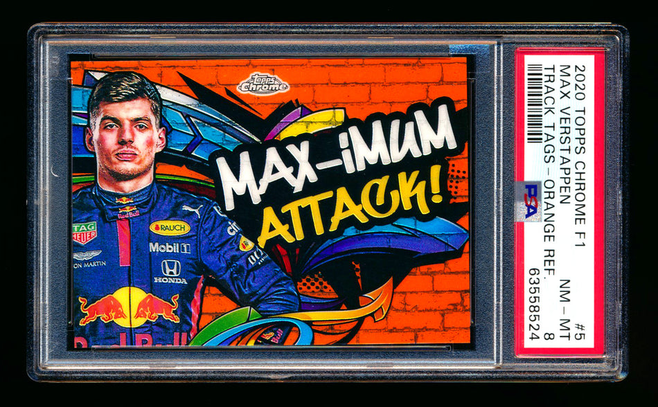 2020 Topps Chrome F1 Track Tags #TT-5 Max "MAX-imum Attack!" Verstappen RC Orange Refractor #13/25 PSA 8
