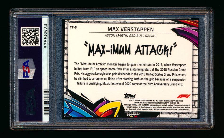 2020 Topps Chrome F1 Track Tags #TT-5 Max "MAX-imum Attack!" Verstappen RC Orange Refractor #13/25 PSA 8