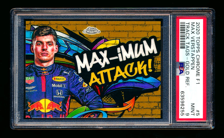 2020 Topps Chrome F1 Track Tags #TT-5 Max "MAX-imum Attack!" Verstappen RC Gold Refractor #34/50 PSA 9