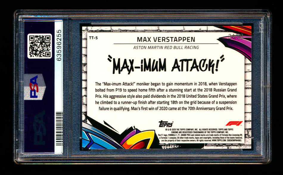 2020 Topps Chrome F1 Track Tags #TT-5 Max "MAX-imum Attack!" Verstappen RC Gold Refractor #34/50 PSA 9
