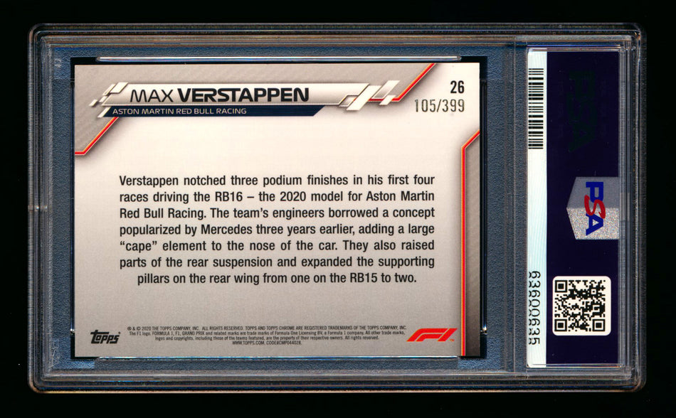 2020 Topps Chrome F1 #26 Max Verstappen RC Purple Refractor #105/399 PSA 8