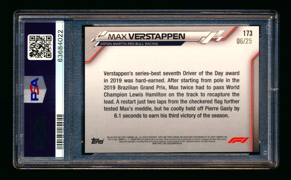 2020 Topps Chrome F1 #173 Max Verstappen RC Orange Wave Refractor #06/25 PSA 7