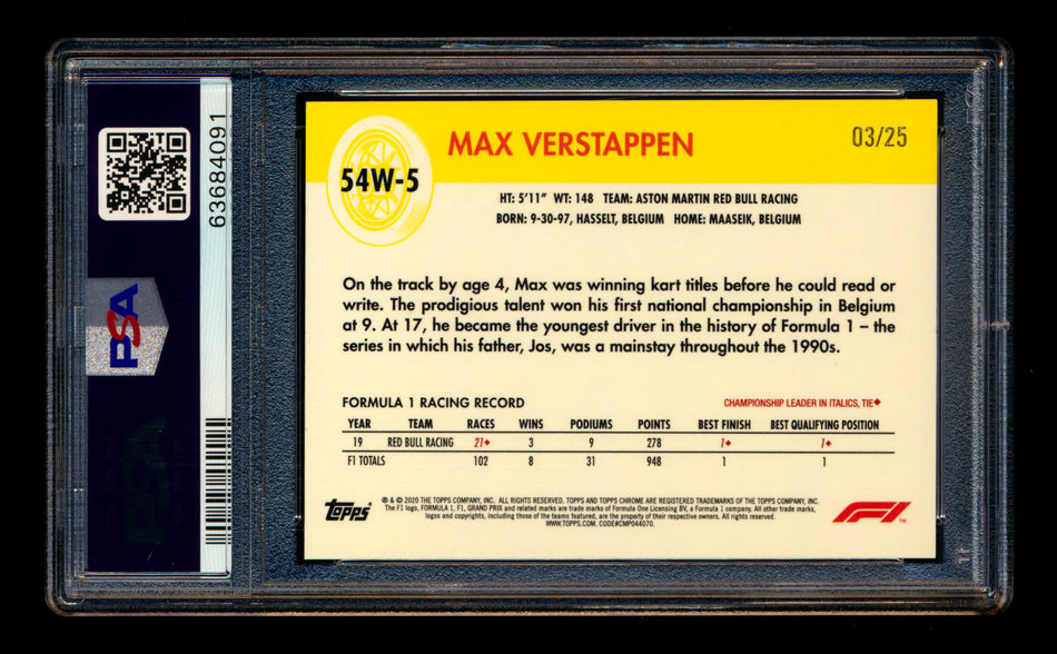 2020 Topps Chrome F1 1954 World on Wheels #54W-5 Max Verstappen RC Orange Refractor #03/25 PSA 7 ** (SOLD - $489.00 - 12/13/2024) **