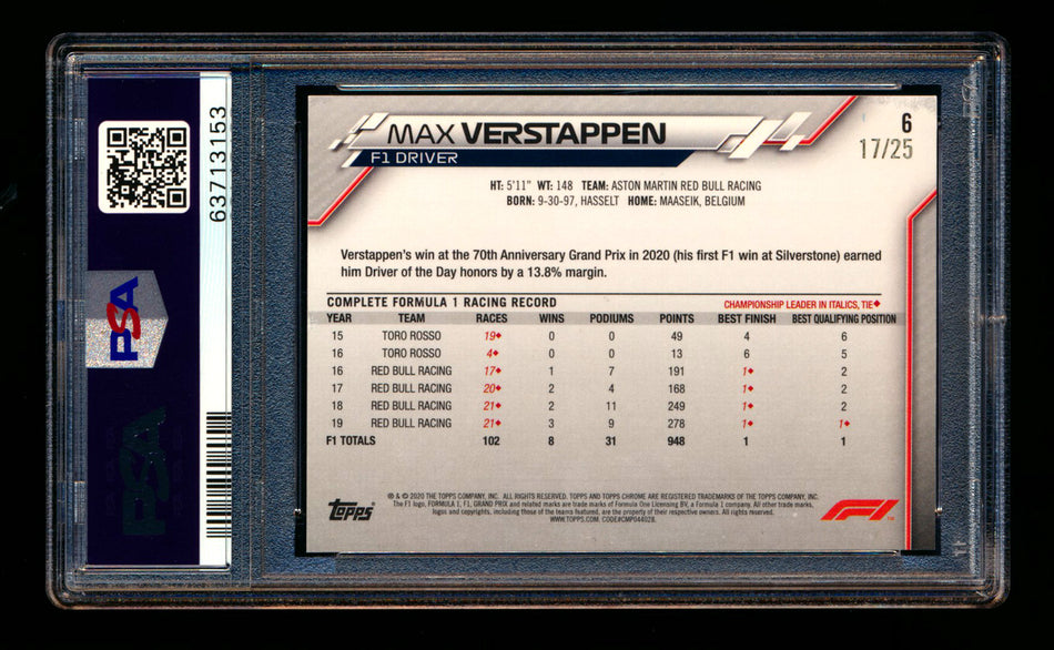 2020 Topps Chrome F1 #6 Max Verstappen RC Orange Wave Refractor Portrait #17/25 PSA 7