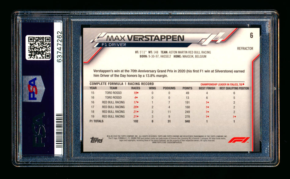 2020 Topps Chrome F1 #6 Max Verstappen RC Refractor Portrait PSA 9