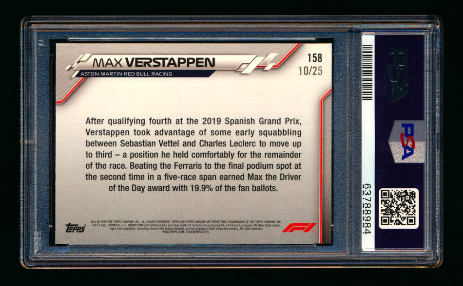 2020 Topps Chrome Sapphire F1 #158 Max Verstappen RC Orange Refractor #10/25 PSA 9