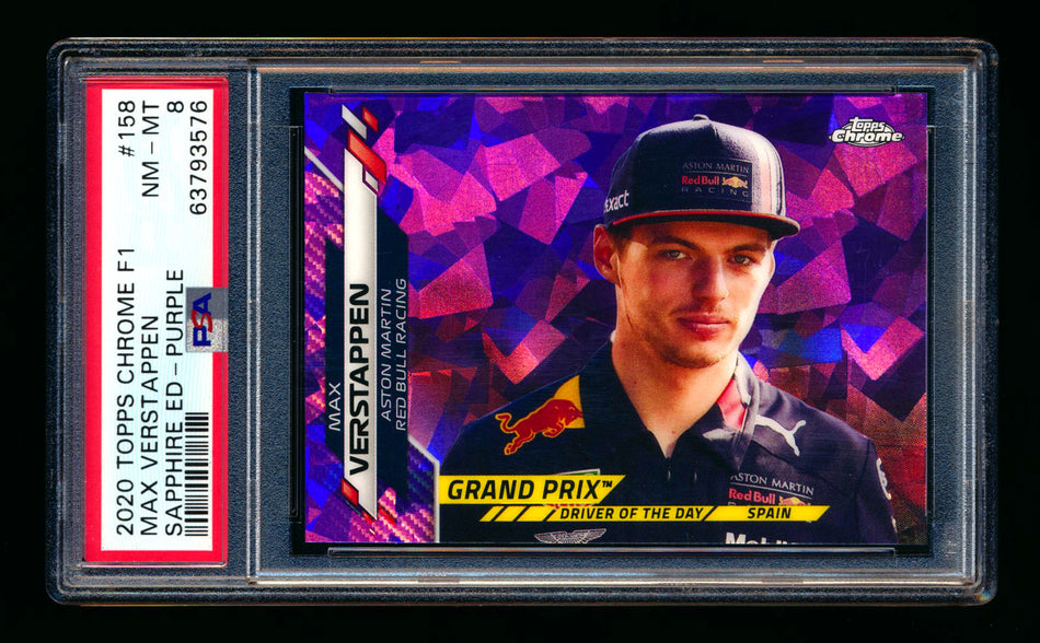 2020 Topps Chrome Sapphire F1 #158 Max Verstappen RC Purple Refractor #04/10 PSA 8