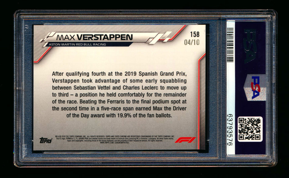 2020 Topps Chrome Sapphire F1 #158 Max Verstappen RC Purple Refractor #04/10 PSA 8