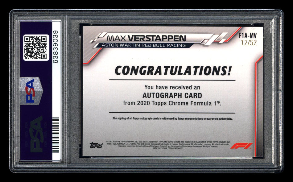 2020 Topps Chrome F1 #F1A-MV Max Verstappen RC Refractor Autograph #12/52 PSA 7 DNA 10 ** (SOLD Nationals - $6,000.00 - 8/3/2025) **