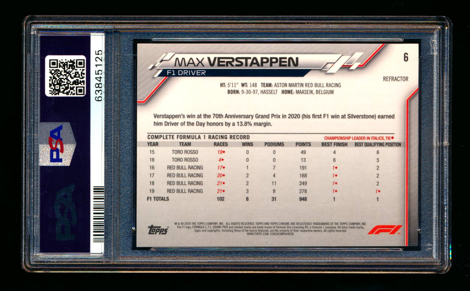 2020 Topps Chrome F1 #6 Max Verstappen RC Refractor Portrait PSA 10