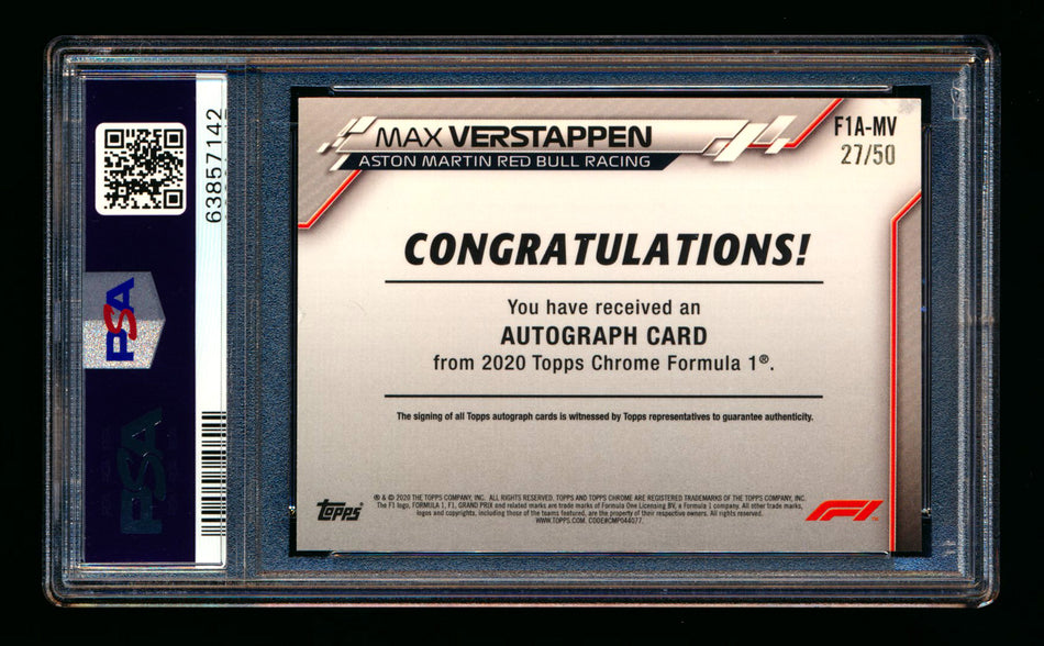 2020 Topps Chrome F1 #F1A-MV Max Verstappen RC Gold Wave Refractor Autograph #27/50 PSA 8