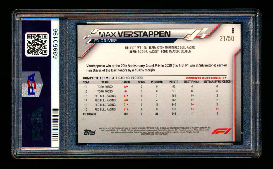 2020 Topps Chrome F1 #6 Max Verstappen RC Gold Wave Refractor Portrait #21/50 PSA 8
