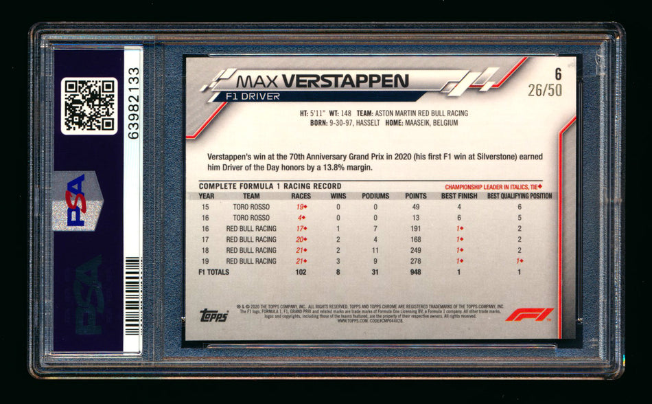2020 Topps Chrome F1 #6 Max Verstappen RC Gold Wave Refractor Portrait #26/50 PSA 8
