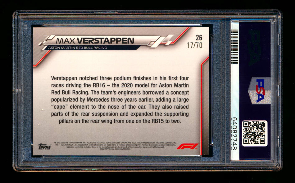 2020 Topps Chrome Sapphire F1 #26 Max Verstappen RC 70th Silver Refractor #17/70 PSA 10 ** (SOLD eBay - $449.00 - 1/8/2025) **