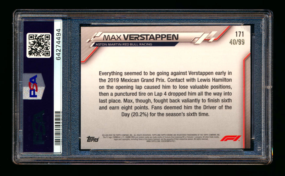 2020 Topps Chrome Sapphire F1 #171 Max Verstappen RC Aqua Refractor #40/99 PSA 9