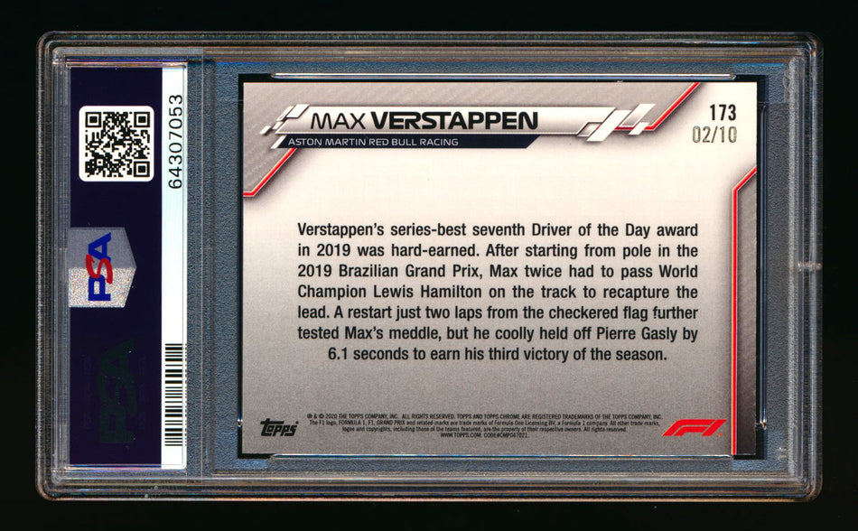 2020 Topps Chrome Sapphire F1 #173 Max Verstappen RC Purple Refractor #02/10 PSA 9