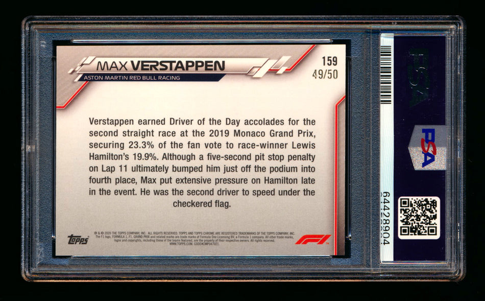 2020 Topps Chrome Sapphire F1 #159 Max Verstappen RC Gold Refractor #49/50 PSA 9