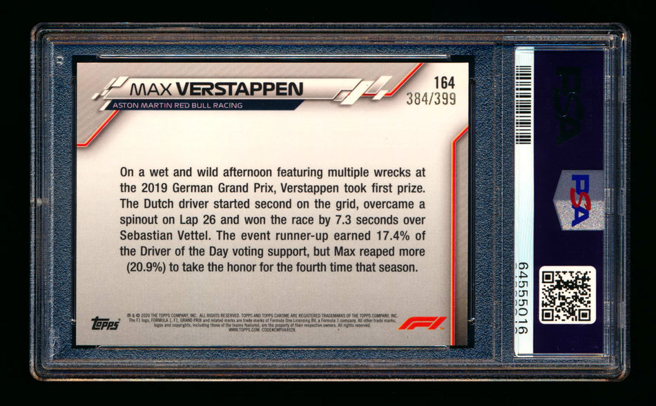 2020 Topps Chrome F1 #164 Max Verstappen RC Purple Refractor #384/399 PSA 10 ** (SOLD - $249.00 - 10/23/2024) **