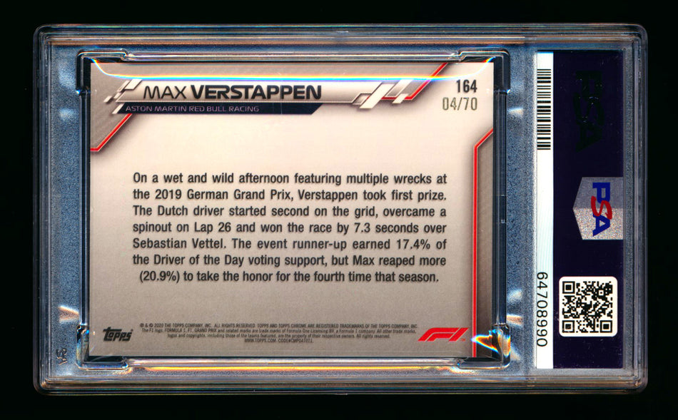 2020 Topps Chrome Sapphire F1 #164 Max Verstappen RC 70th Silver Refractor #04/70 PSA 8 ** (SOLD eBay - $89.00 - 1/21/2025) **