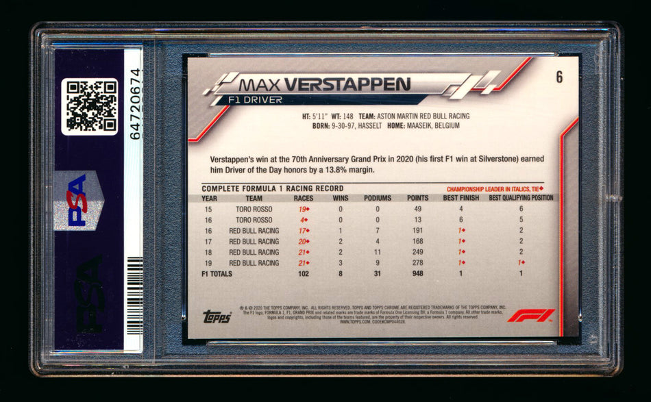 2020 Topps Chrome F1 #6 Max Verstappen RC Portrait PSA 10