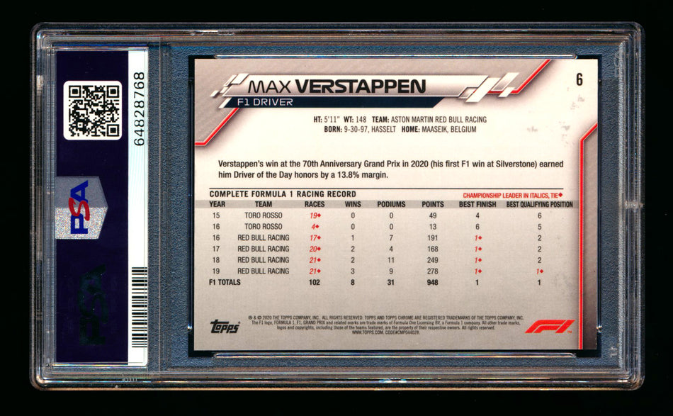 2020 Topps Chrome F1 #6 Max Verstappen RC Portrait PSA 10