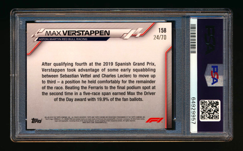 2020 Topps Chrome Sapphire F1 #158 Max Verstappen RC 70th Silver Refractor #24/70 PSA 10