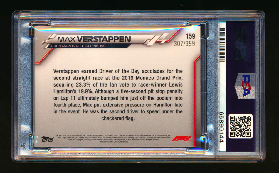 2020 Topps Chrome F1 #159 Max Verstappen RC Purple Refractor #307/399 PSA 9 ** (SOLD eBay - $79.00 - 12/29/2024) **