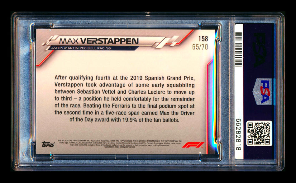 2020 Topps Chrome Sapphire F1 #158 Max Verstappen RC 70th Silver Refractor #65/70 PSA 9