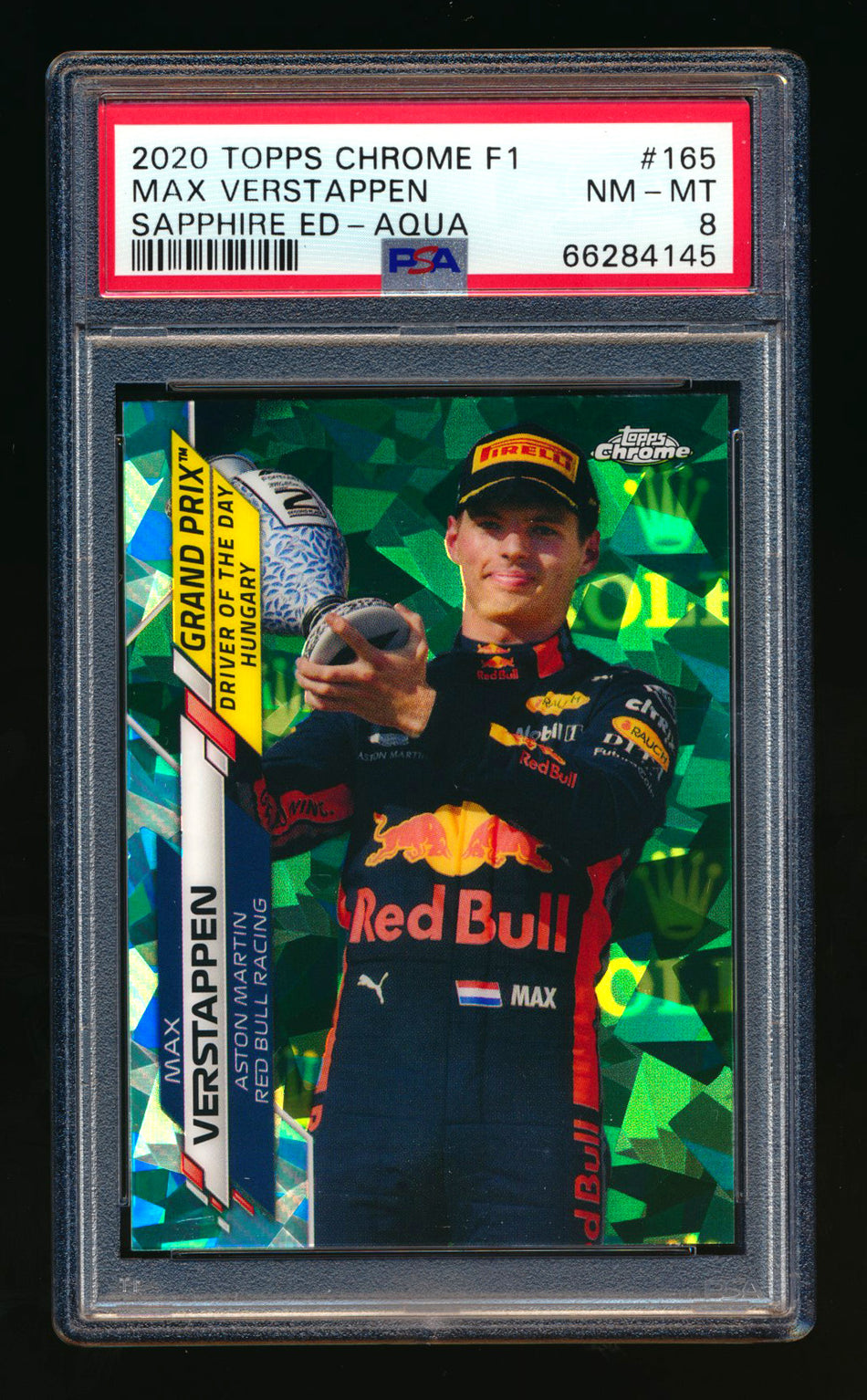 2020 Topps Chrome Sapphire F1 #165 Max Verstappen RC Aqua Refractor #28/99 PSA 8