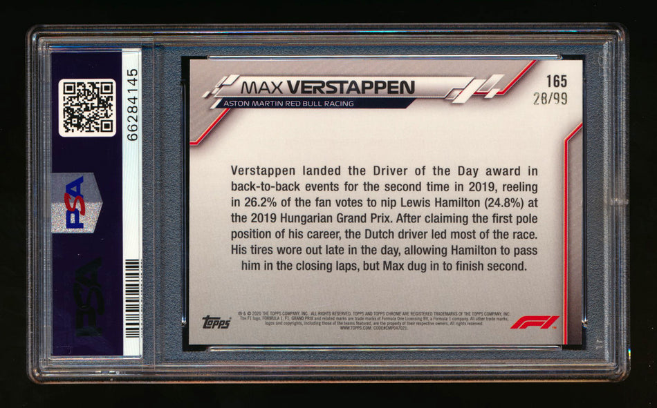 2020 Topps Chrome Sapphire F1 #165 Max Verstappen RC Aqua Refractor #28/99 PSA 8