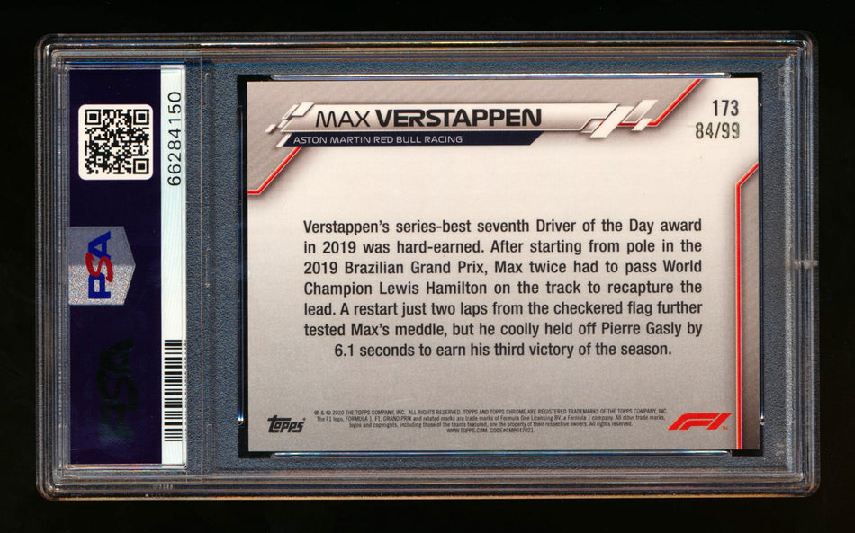 2020 Topps Chrome Sapphire F1 #173 Max Verstappen RC Aqua Refractor #84/99 PSA 9