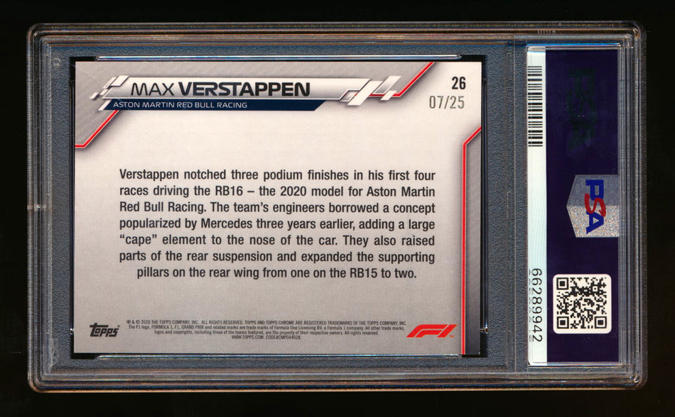 2020 Topps Chrome F1 #26 Max Verstappen RC Orange Wave Refractor #07/25 PSA 8