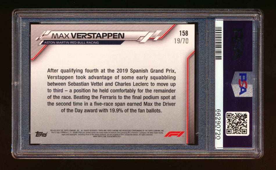 2020 Topps Chrome Sapphire F1 #158 Max Verstappen RC 70th Silver Refractor #19/70 PSA 9