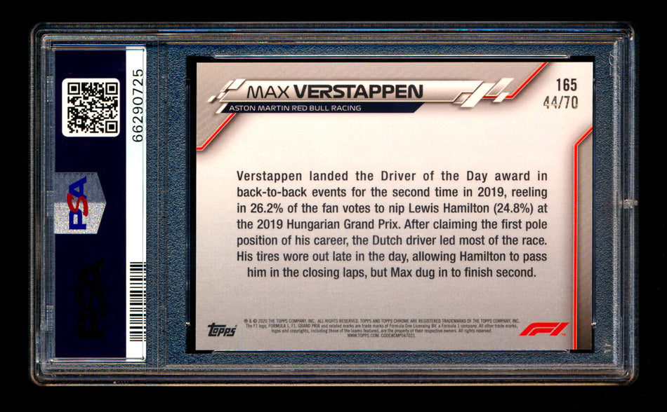 2020 Topps Chrome Sapphire F1 #165 Max Verstappen RC 70th Silver Refractor #44/70 PSA 9