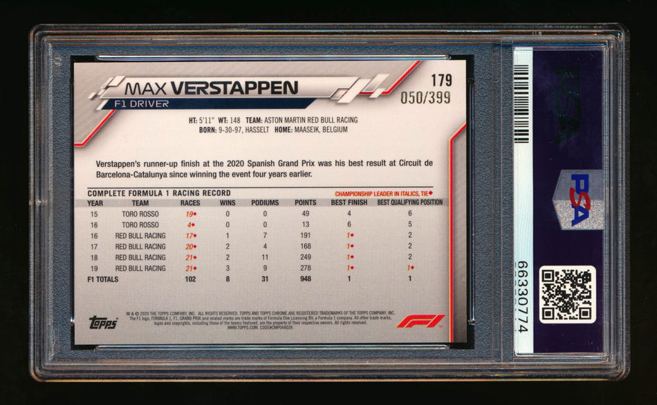 2020 Topps Chrome F1 #179 Max Verstappen RC Purple Refractor #050/399 PSA 9